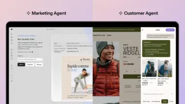 Interface utilisateur divisée en deux : à gauche, un agent marketing avec une campagne par e-mail ; à droite, un agent client avec un chat AI recommandant des sacs à dos.