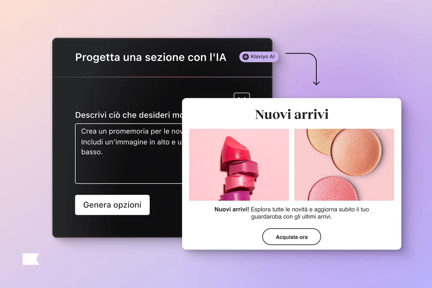 Interfaccia di progettazione con IA di Klaviyo, mostra una sezione "Nuovi arrivi" con immagini di rossetti e ombretti.