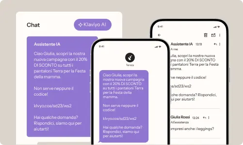 Tre schermate di messaggi su dispositivi mobili mostrano una chat con un assistente IA che offre uno sconto del 20% su pantaloni.