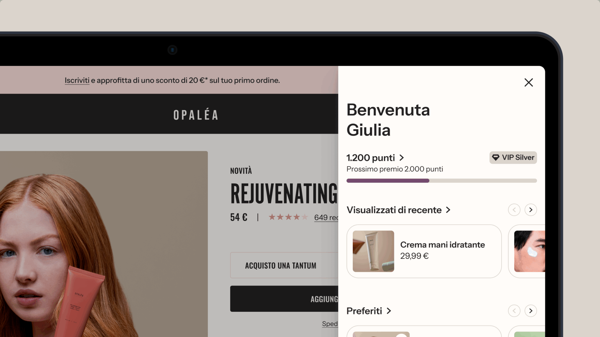 Interfaccia di shopping online di Opaléa che mostra il pannello di controllo del programma fedeltà con 1.200 punti e consigli sui prodotti.