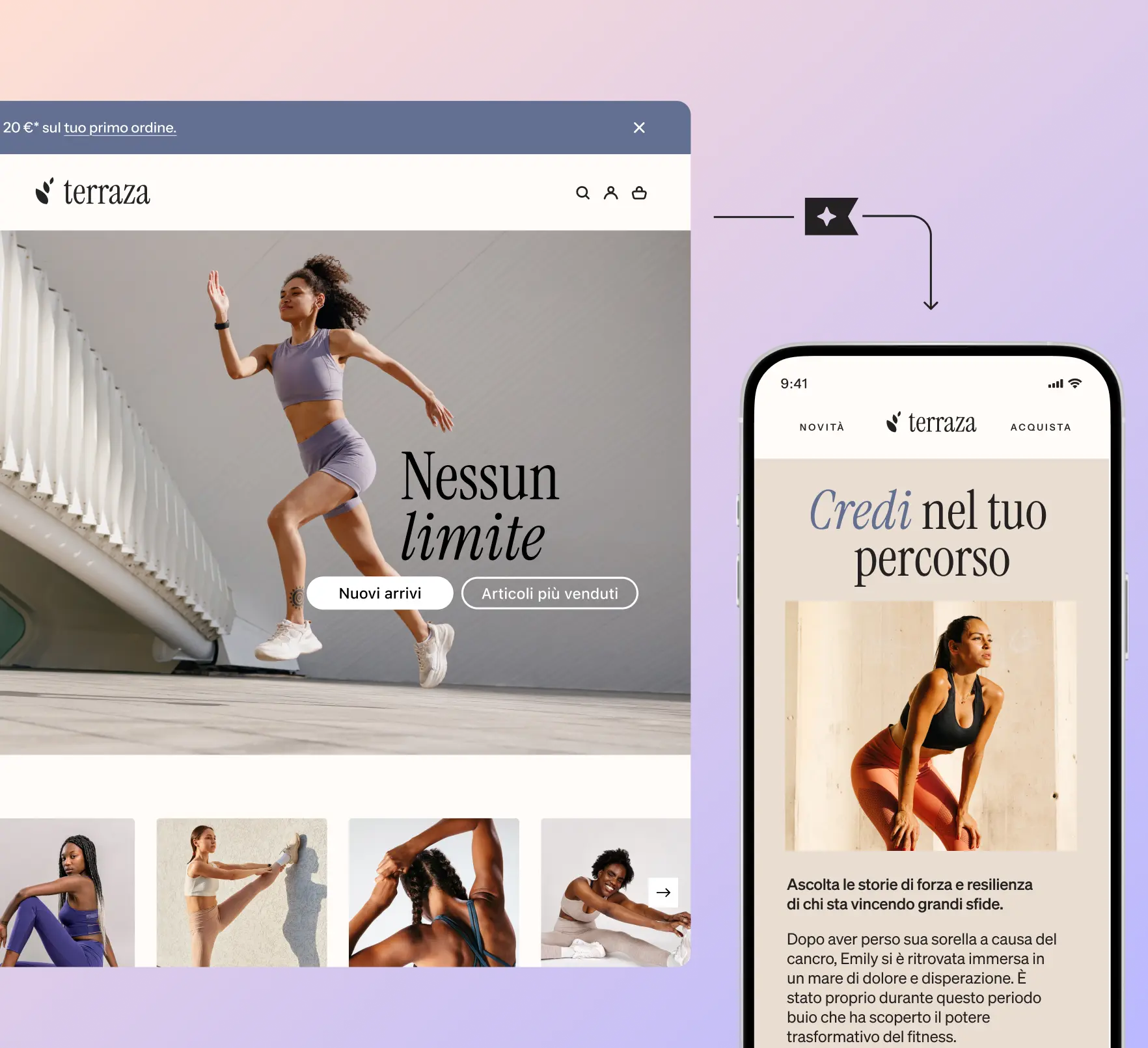 Due schermate di un sito web e un'app mobile di "Terraza". A sinistra, una donna corre con il testo "Nessun limite". A destra, un telefono mostra "Credi nel tuo percorso".