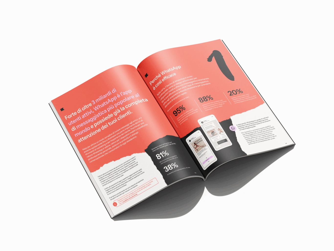 Opuscolo aperto con testo in italiano su WhatsApp, statistiche e immagini di smartphone. Sfondo rosso e bianco.