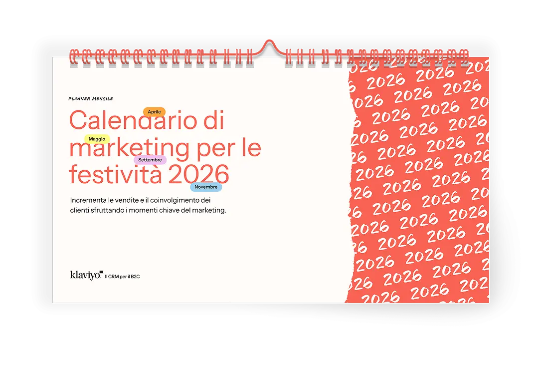 Copertina di un calendario di marketing per le festività 2026, con mesi evidenziati e logo Klaviyo. Sfondo ripetuto con "2026".