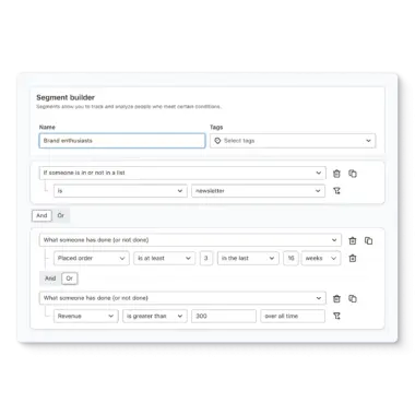 Klaviyo segment builder screen showing a “Brand enthusiast” segment based on their lists, how recently they placed an order, and how much they spent.