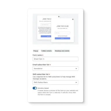 Klaviyo screen showing the form builder with a toggle for including a teaser.