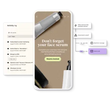 A customer’s activity log, including when a duplicate profile merged. A checkout reminder flow and the personalized email that it will trigger.