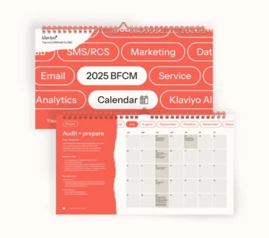 2025 BFCM calendar by Klaviyo, featuring marketing terms and a planning page for audit and preparation.