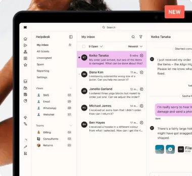 Helpdesk interface on a screen showing inbox messages and a conversation with Keiko Tanaka about a damaged order.