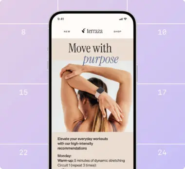 Smartphone displaying a fitness app with a woman stretching, text "Move with purpose," and workout recommendations.