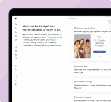 Klaviyo dashboard displaying a marketing plan with a welcome message and pop-up sign-up form offering a 10% discount.