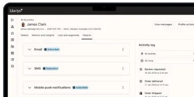 Klaviyo dashboard showing a user profile for James Clark with subscription status for email, SMS, and mobile notifications. Activity log on the right.