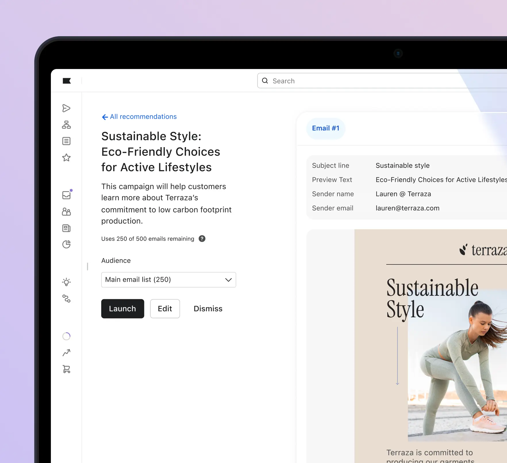 Email campaign interface for "Sustainable Style: Eco-Friendly Choices for Active Lifestyles" by Terraza, showing campaign details and preview.