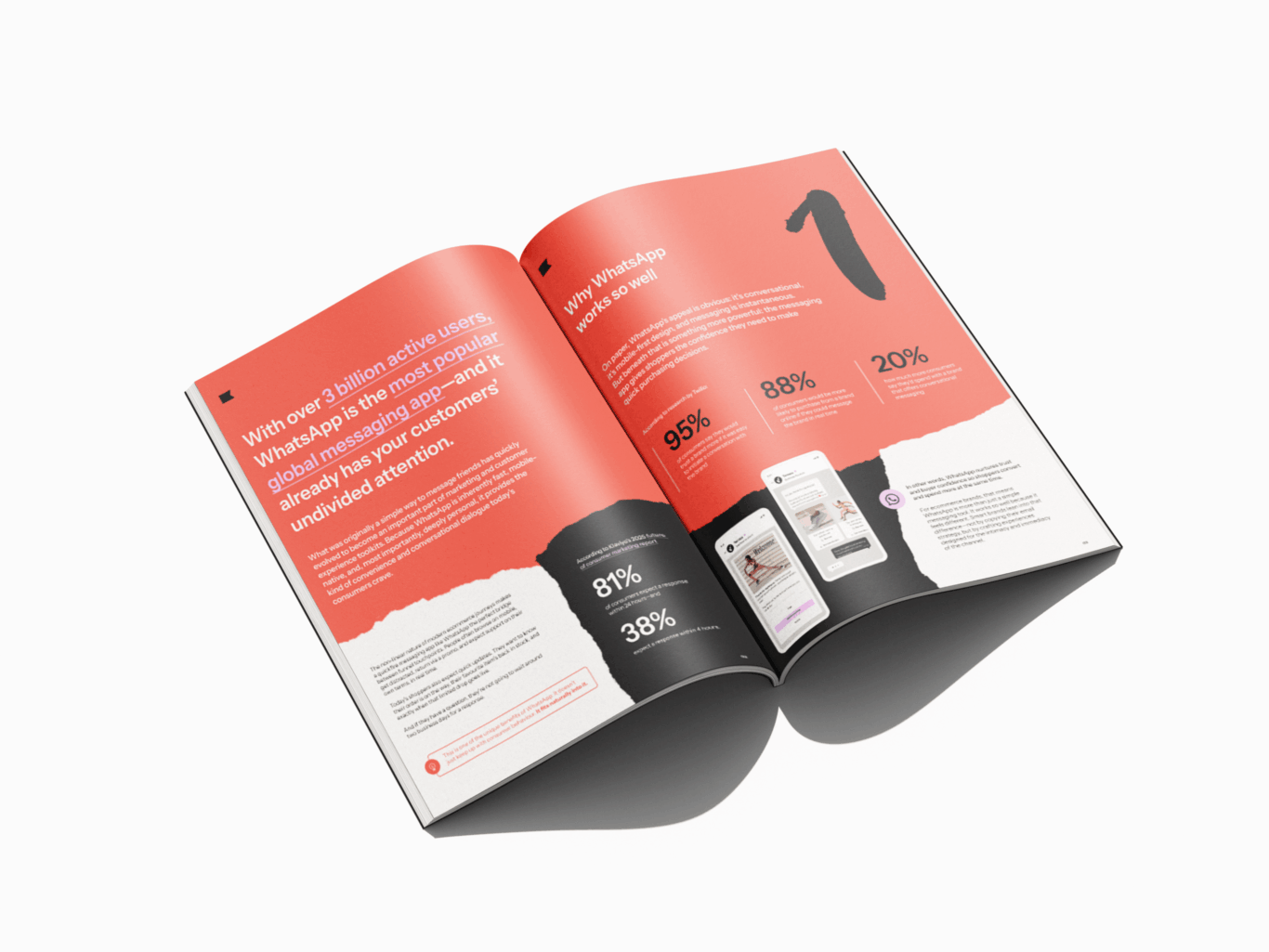 Open booklet with text about WhatsApp's popularity and features, including statistics and smartphone images on a red background.