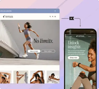 Webpage and mobile app for "Terraza" featuring fitness images. Text: "No limits." and "Unlock insights." Options: "New arrivals," "Best sellers," "Shop now.