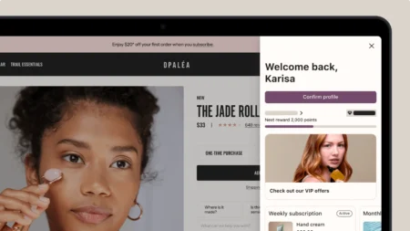 Online shopping interface showing a jade roller product page and a personalized welcome message for a returning user named Karisa.