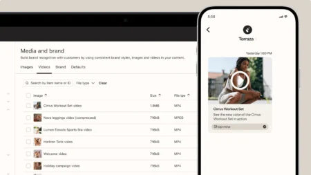 Mobile phone displaying a video thumbnail of a woman in workout attire, labeled "Cirrus Workout Set," with a "Shop now" button.