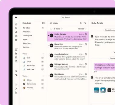 Helpdesk interface on a computer screen showing customer inquiries via WhatsApp, with messages from Keiko Tanaka and others.