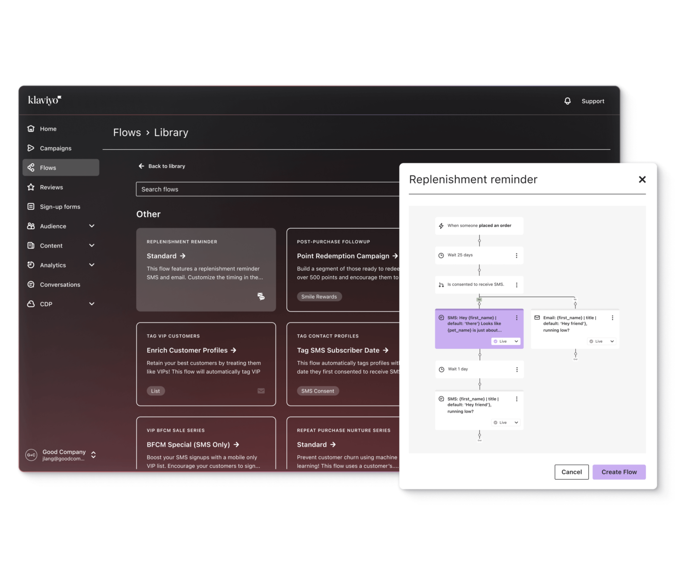 Flows library showing types of Flows to choose from, with the Flows builder showing a customized Replenishment reminder