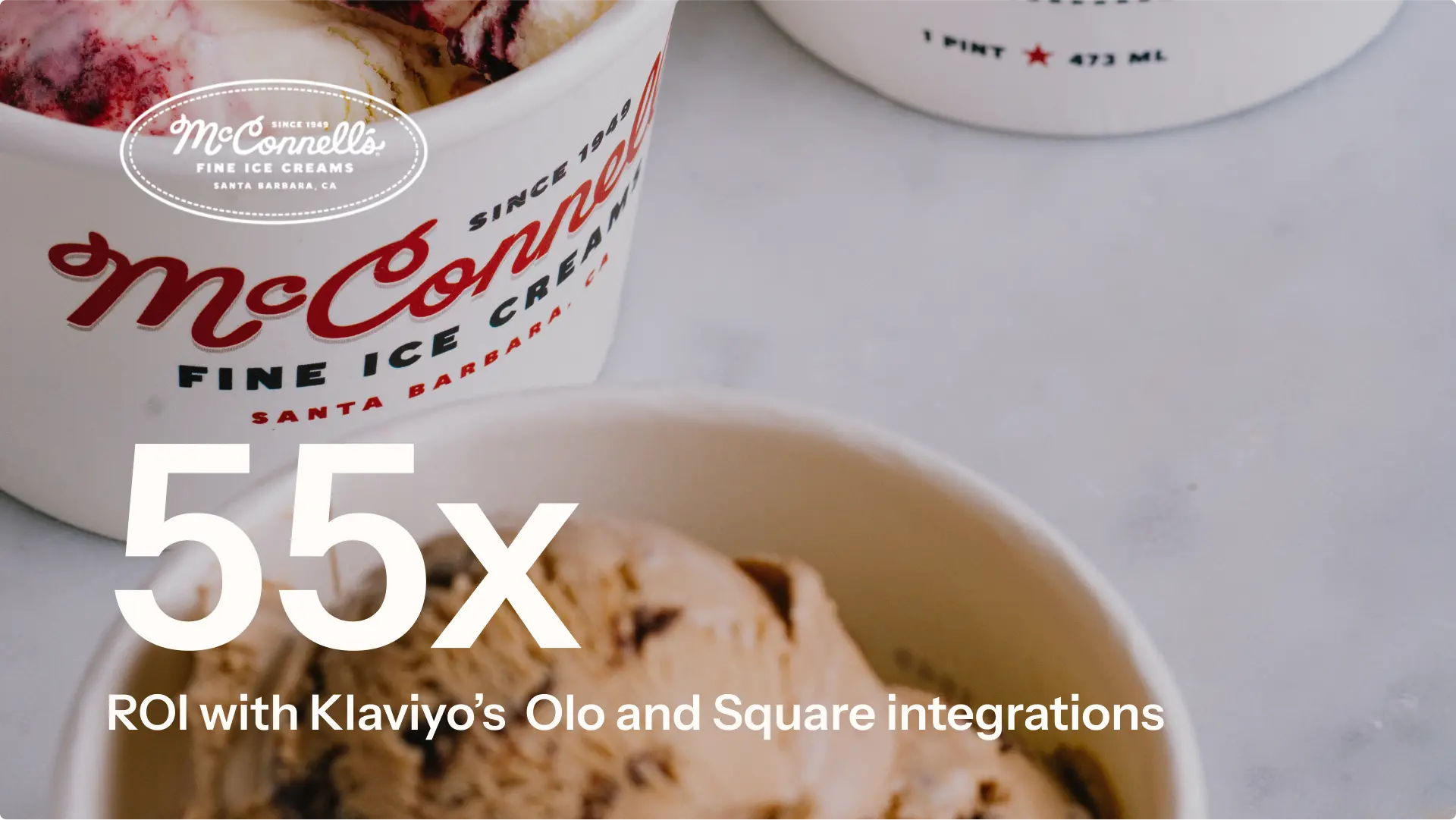 McConnell's ice cream tubs with text: "55x ROI with Klaviyo’s Olo and Square integrations.