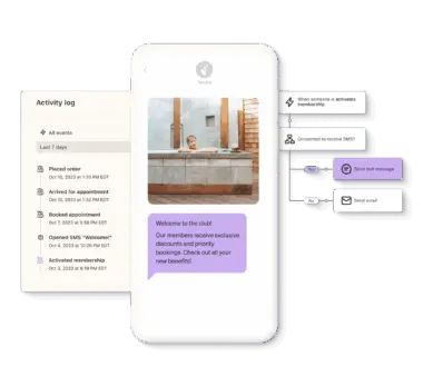 Mobile app interface showing a person in a spa, activity log, and options to send text or email.
