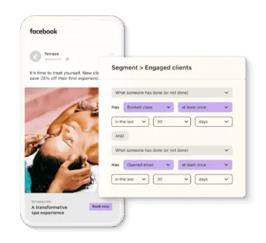 Facebook ad for Terraza spa offering 25% off, alongside a segmentation tool interface for engaged clients.