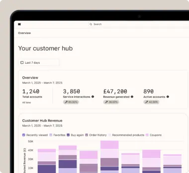 Dashboard displaying customer hub data: total accounts 1,240, service interactions 3,850, revenue £47,200, active accounts 890. Includes a revenue bar chart.