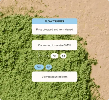 Flowchart titled "Flow Trigger" showing a decision path for price drop notifications via SMS or email.