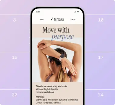 Smartphone displaying a fitness app with "Move with purpose" text and a woman stretching. The app is by "Terraza".