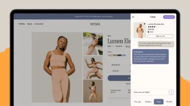 Online shopping interface for "Lumen Elevate Bra" with AI chat support. Model wearing the product, price, and color options displayed.