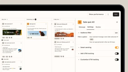 Email marketing dashboard displaying scheduled messages for James Black, with settings for audience filters and smart sending options.