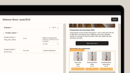 Shopify interface showing product details for Rosé wines, including pricing and purchase options in French and English.