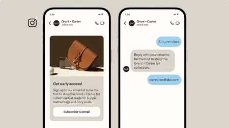 Two smartphone screens showing a chat with "Grant + Carter." Left screen: image of a brown leather bag and a prompt to subscribe for early access. Right screen: chat messages about the fall collection.