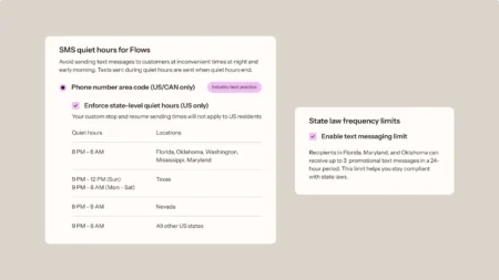 SMS quiet hours and frequency limits for US states. Lists quiet hours for specific states and text message limits for compliance.