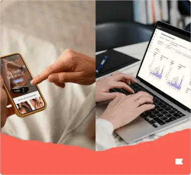 Person using a smartphone with a "back in stock" notification, and another person working on a laptop showing analytics graphs.