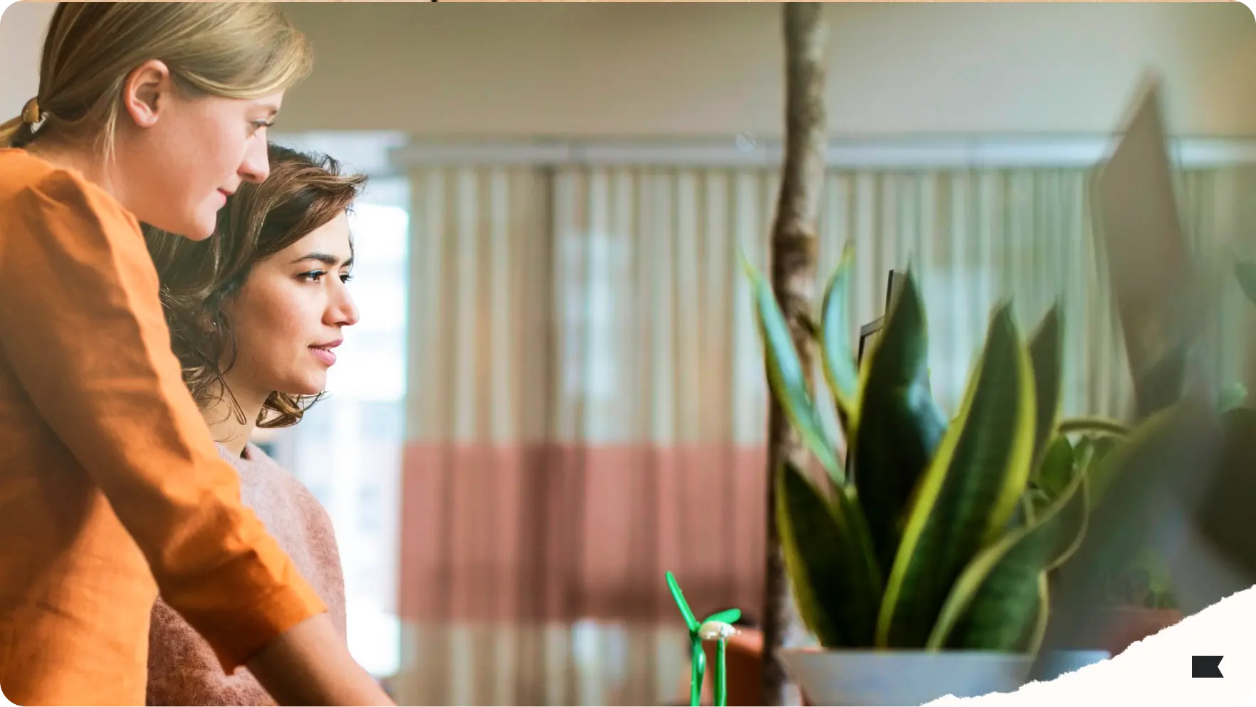 Two women focused on a computer screen, with a potted plant in the foreground.