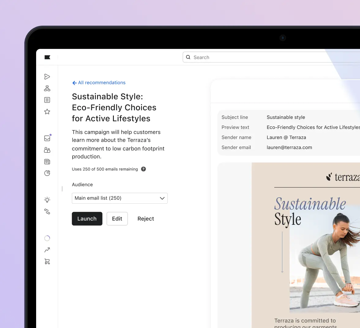 Email marketing platform interface showing a campaign titled "Sustainable Style: Eco-Friendly Choices for Active Lifestyles" with options to launch, edit, or reject.