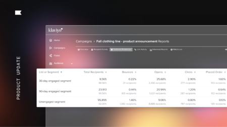 A product screen shows how different email campaigns performed by segment