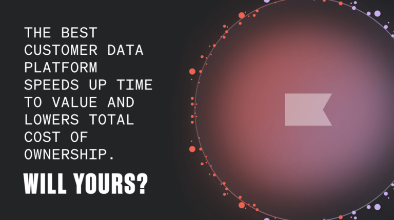 "The best customer data platform speeds up time to value and lowers total cost of ownership. Will yours?" text next to a circle with several poppy and lavender dots scattered around the edges, with a Klaviyo flag in the middle