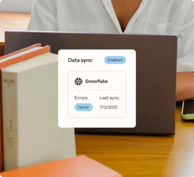 UI card overlaying a workspace image, showing a Snowflake data sync status as "Enabled" with one error found, last synced on July 12, 2025.