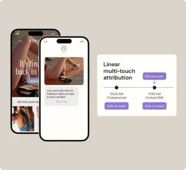 Klaviyo linear multi-touch attribution showing the credit of a purchase split 50/50 between an initial email and a later text.