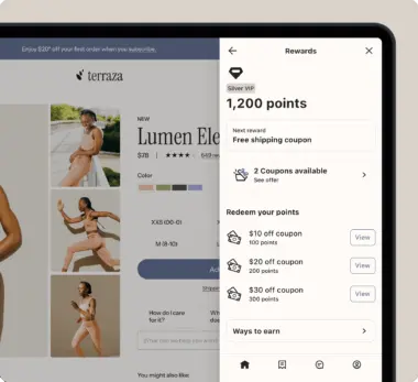 Online shopping interface showing a product page for "Lumen Ele" activewear and a rewards panel with points and coupon options.