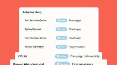 Dashboard showing auto monitors with active status for "Post Purchase Series," "Review Request," "Review Submitted," and more.