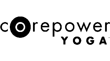 CorePower Yoga charcoal logo with stylized text and circular design.