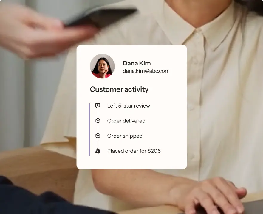 Profile card showing customer activity for Dana Kim, including a 5-star review, order delivery, shipping, and a $206 order.