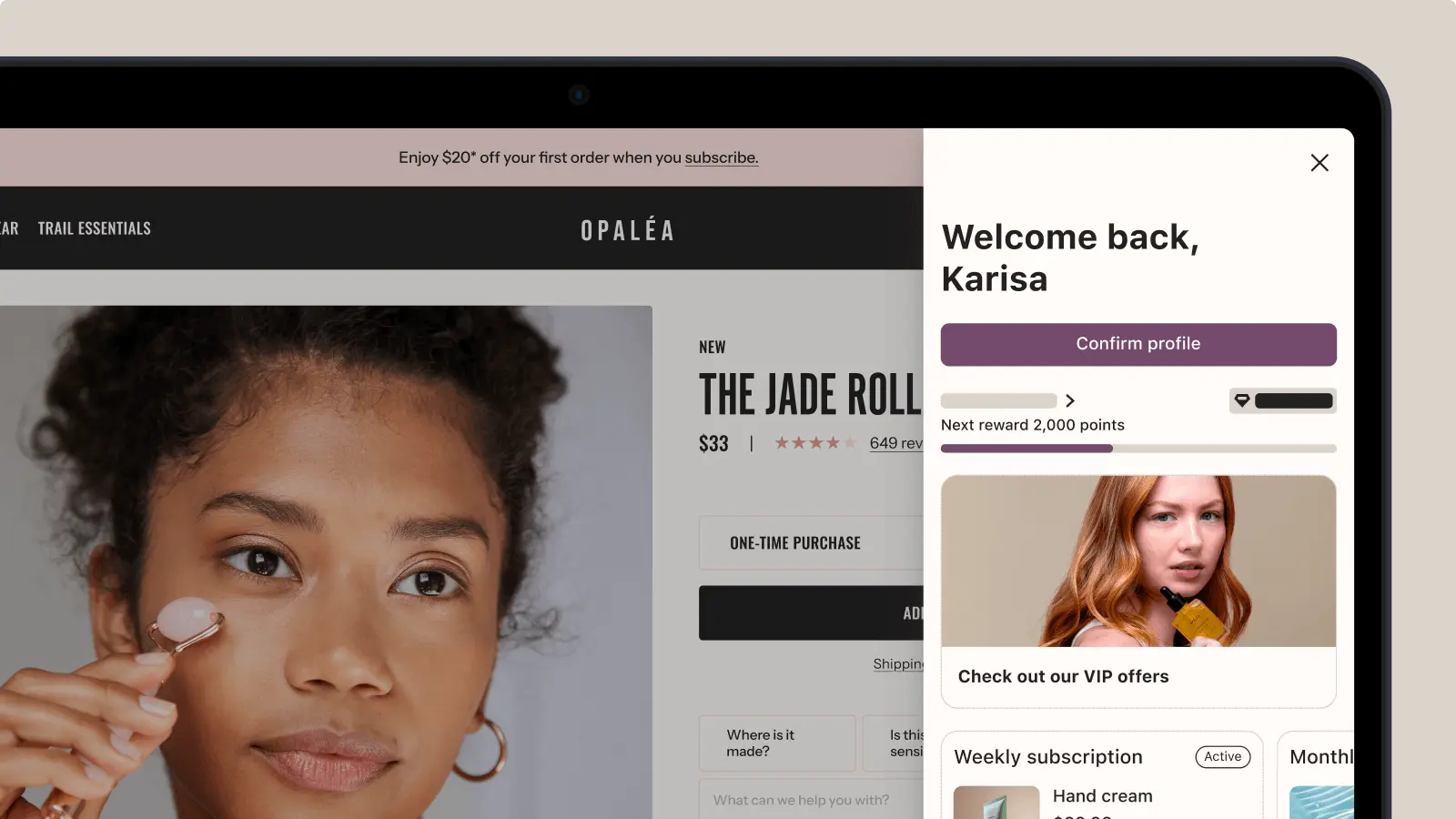 Online shopping interface showing a woman using a jade roller, with a pop-up welcoming a user named Karisa and offering VIP offers.